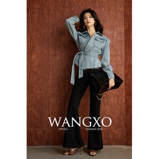 wangxo丨做旧水洗斜纹牛仔纯棉，丨可拆卸本料腰带，高腰系带牛仔外套