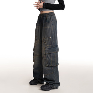 NOONOZ水洗做旧直筒牛仔裤男美式潮牌复古重磅多口袋高街工装裤子