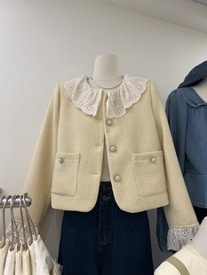 春季时尚通勤风韩国东大门韩版甜美气质编织设计娃娃翻领纯色外套