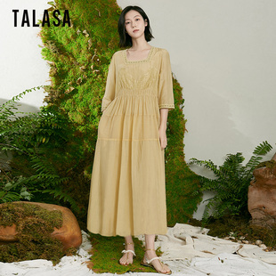 TALASA商场同款丝棉连衣裙2024年夏法式复古宽松蕾丝拼接长裙