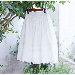 2024春夏季韩版森女森林系棉布蕾丝刺绣花朵白色大摆半身裙长裙