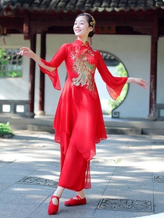秧歌服红色飘逸中国风民族，舞蹈服广场扇子舞服古典舞演出服女