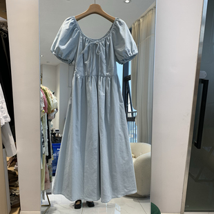 韩系天蓝色u型领，连衣裙女2024夏季气质宽松素雅显瘦长裙