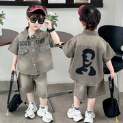 男童夏季短袖套装2024儿童韩版夏装酷帅男孩网红炸街牛仔外套