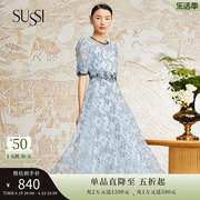 SUSSI/古色夏季浅蓝短袖仙气蕾丝贴花小碎花连衣裙女