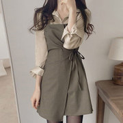 韩国chic小众气质翻领单排扣长袖，衬衫+系带，蝴蝶结收腰吊带连衣裙