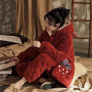睡衣女秋冬季三层夹棉袄加绒加厚韩版可爱珊瑚，绒保暖家居服套装