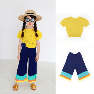 ifkids童装夏季女童儿童，针织t恤裤子，黄色镂空针织上衣短袖