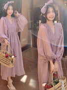 春装2024孕妇装紫色显白超仙连衣裙法式甜美温柔长袖茶歇长裙