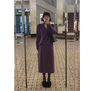 KKKid毛呢外套女2023冬季双排扣紫色慵懒复古西装领羊毛大衣