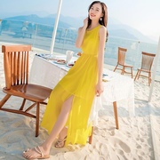 黄色连衣裙夏雪纺(夏雪纺)吊带长裙高级感沙滩，裙海边度假三亚超仙裙子