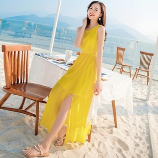 黄色连衣裙夏雪纺(夏雪纺)长裙，背心裙外穿沙滩，裙海边度假三亚超仙裙子