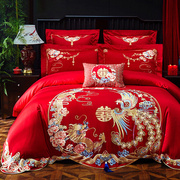 婚庆四件套大红色全棉刺绣结婚床上用品新婚喜被套件纯棉绣花床品