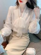 雪纺衬衫女长袖春秋，2024设计感小众，蝴蝶结衬衣蕾丝打底衫上衣