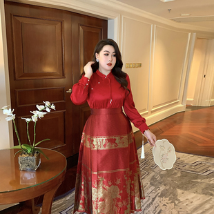 GLEC高端胖mm大码女装中国风汉服新中式重工织金马面裙红色连衣裙