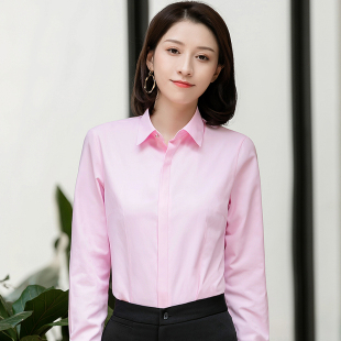 春季粉色衬衫女长袖商务，休闲职业工装暗门襟，纯色衬衣ol通勤防走光