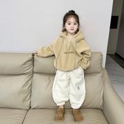 韩版童装女童秋冬洋气时髦女宝羊羔毛套头卫衣加绒加厚卫裤套装潮