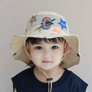 儿童遮阳帽子夏季薄款男童渔夫帽，透气网格防晒帽爵士风宝宝太阳帽