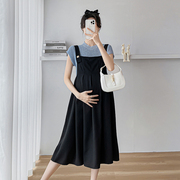 孕妇连衣裙套装黑色显瘦背带裙＋针织镂空短袖两件套韩版套装