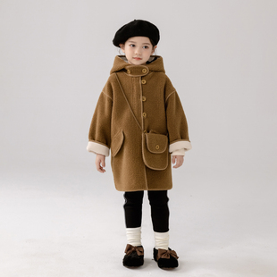 女童冬季中长款连帽外套儿童，中大童毛呢大衣洋气，羊羔绒加绒童装潮