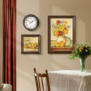 美式餐厅装饰画饭厅，挂画复古花卉艺术壁画，时钟法式墙画欧式油画