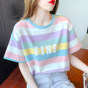 短袖圆领彩虹条纹T恤韩版宽松显瘦打底上衣减龄学生ins女夏季