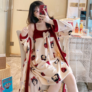 台湾珊瑚绒睡衣女长袖春秋，冬季可爱性感系绳睡袍睡裙两件套浴袍家