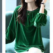 翡翠绿个性篇幅衫宽松时尚金丝绒套头衫女春秋蝙蝠衫上衣潮打底衫