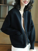 立领棒球外套女2024春秋气质高级感韩版宽松短款黑色夹克上衣