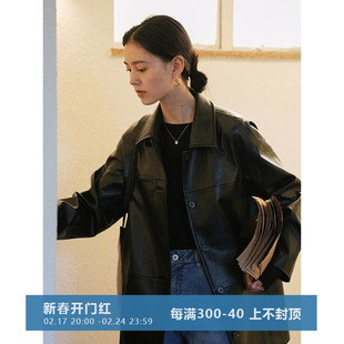 Jicouture“摩登时代”黑色拼接中款皮衣女法式复古气质夹克外套