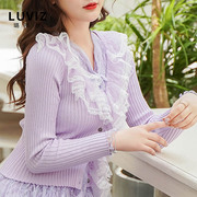 秋季日系长袖甜美蕾丝拼接针织衫女网纱，浪漫紫色修身小外套开衫女