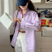 韩国东大门设计感宽松休闲淡紫色衬衫女长袖早秋纯棉衬衣2023