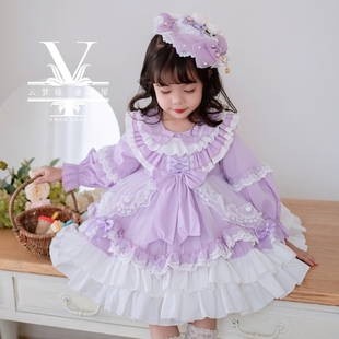 秋季紫色蕾丝宫廷洛丽塔，连衣裙蓬蓬女童公主，宝宝生日礼服洋气