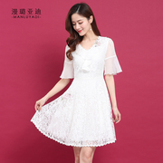 88919夏装白色蕾丝短袖连衣裙女气质收腰显瘦大码裙子