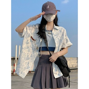 复古日系衬衫女夏季韩版宽松设计感小众爱心独特别致上衣短袖衬衣