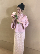 秋季小个子新中式国风晨袍新娘，结婚订婚礼服粉色敬酒服套装女