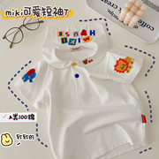 miki儿童短袖t恤男童纯棉翻领，体恤衫日系可爱白色半袖宝宝上衣夏