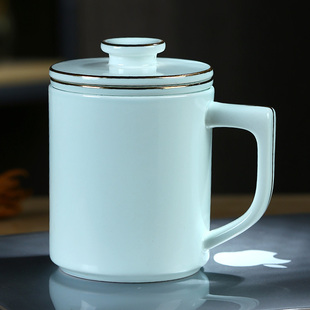 景德镇白瓷泡茶杯茶水分离杯过滤大水杯青瓷办公室带盖陶瓷杯个人