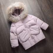 外贸童装冬季小童女童宝宝洋气紫色连帽棉服 中长款棉衣 加厚外套