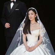 2023韩式新娘蕾丝头纱披肩式长款拍照婚纱摄影道具复古头饰样片拍