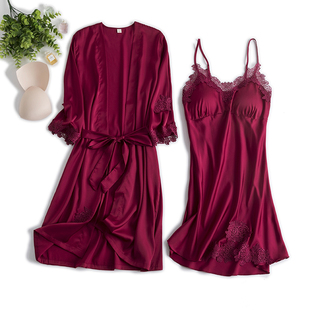 向娜睡衣女春秋薄款冰，丝绸吊带睡裙睡袍，两件套带胸垫新娘晨袍红色