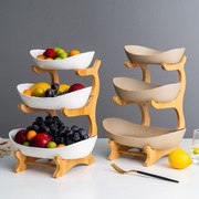 创意三层多层水果盘欧式陶瓷，干果盘竹，木架家用零食盘糖果托盘果篮