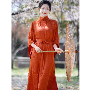 玉姿夏季新中式原创纯欲女神国，风人丝棉缎面提花优雅气质连衣裙