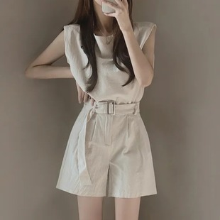 韩国chic夏季法式复古时尚无袖背心+高腰阔腿短裤两件套休闲套装