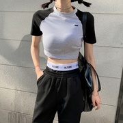 2020夏装韩国复古港风少女拼色露脐超短款修身T恤女短袖上衣