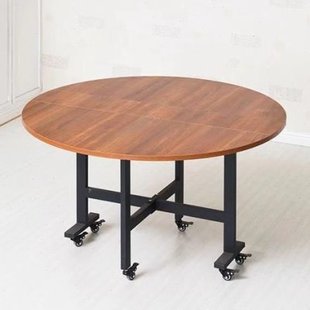 大圆桌家用餐厅餐桌可移动吃饭桌子小户型实木桌面三折叠桌家
