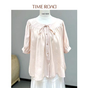 Time RoaD/汤米诺泡泡袖甜美上衣女夏圆领系带雪纺衫T26231053411