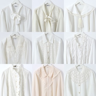 vintage古着日系雪纺衬衣孤品，宽松法式大翻领，刺绣蕾丝白衬衫1