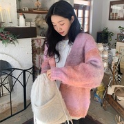 韩国东大门2023冬季女装混色中长款彩虹毛衣针织开衫