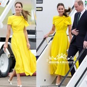 高端定制凯特王妃同款黄色，连衣裙女长款气质，优雅端庄惊艳短袖夏季